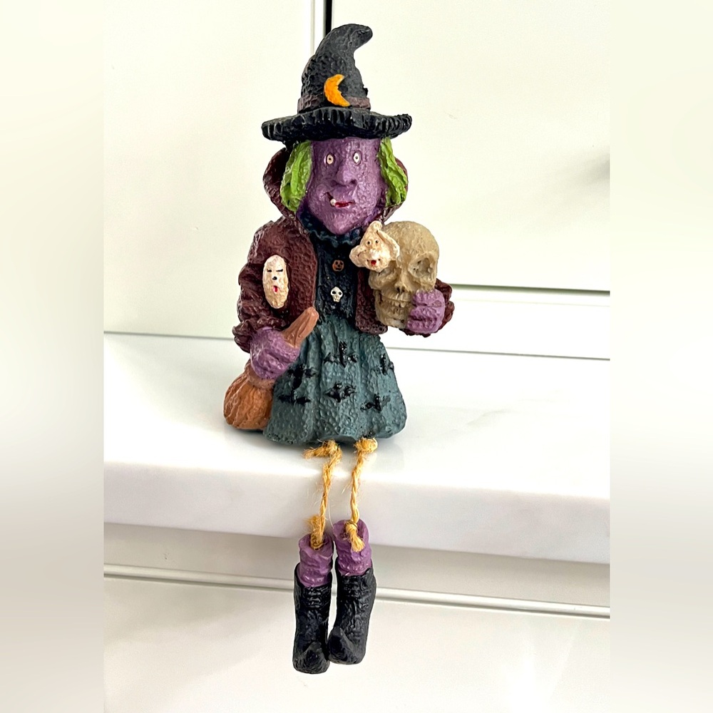 Vintage Halloween Decoration Witch Figurine ornament with hanging legs. 9.25×4